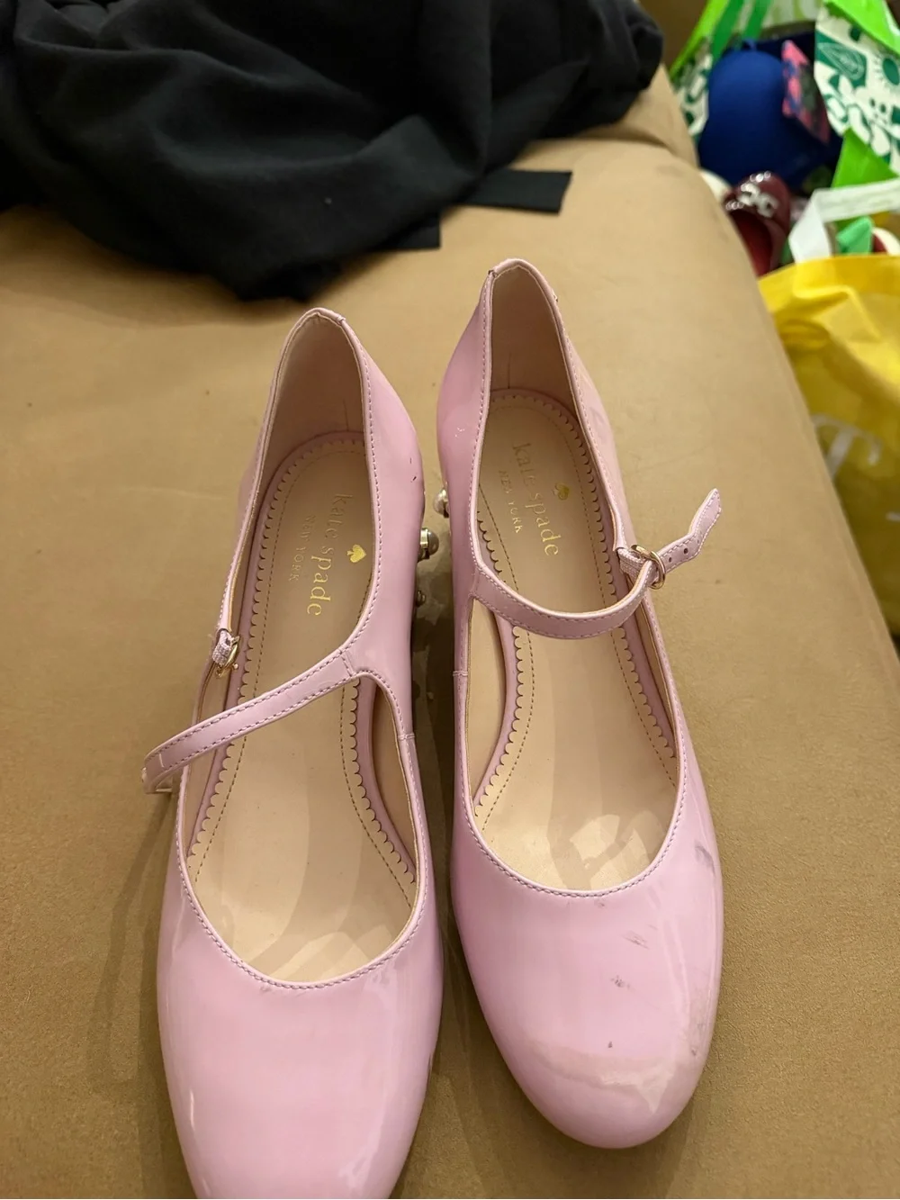 kate spade Pink Patent Mary Jane Heels with Pearl-Embellished Block Heel **poor